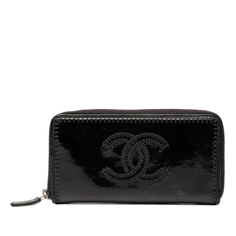 シャネル ココマーク ラウンドファスナー 長財布 ロングウォレット ブラック パテントレザー レディース CHANEL 【中古】