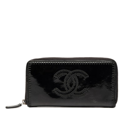 シャネル ココマーク ラウンドファスナー 長財布 ロングウォレット ブラック パテントレザー レディース CHANEL 【中古】