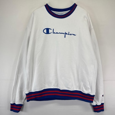古着 チャンピオン Champion スウェット クルーネックトレーナー ビッグロゴ刺繍 リブライン リバースウィーブ 2XL ホワイト系 メンズ