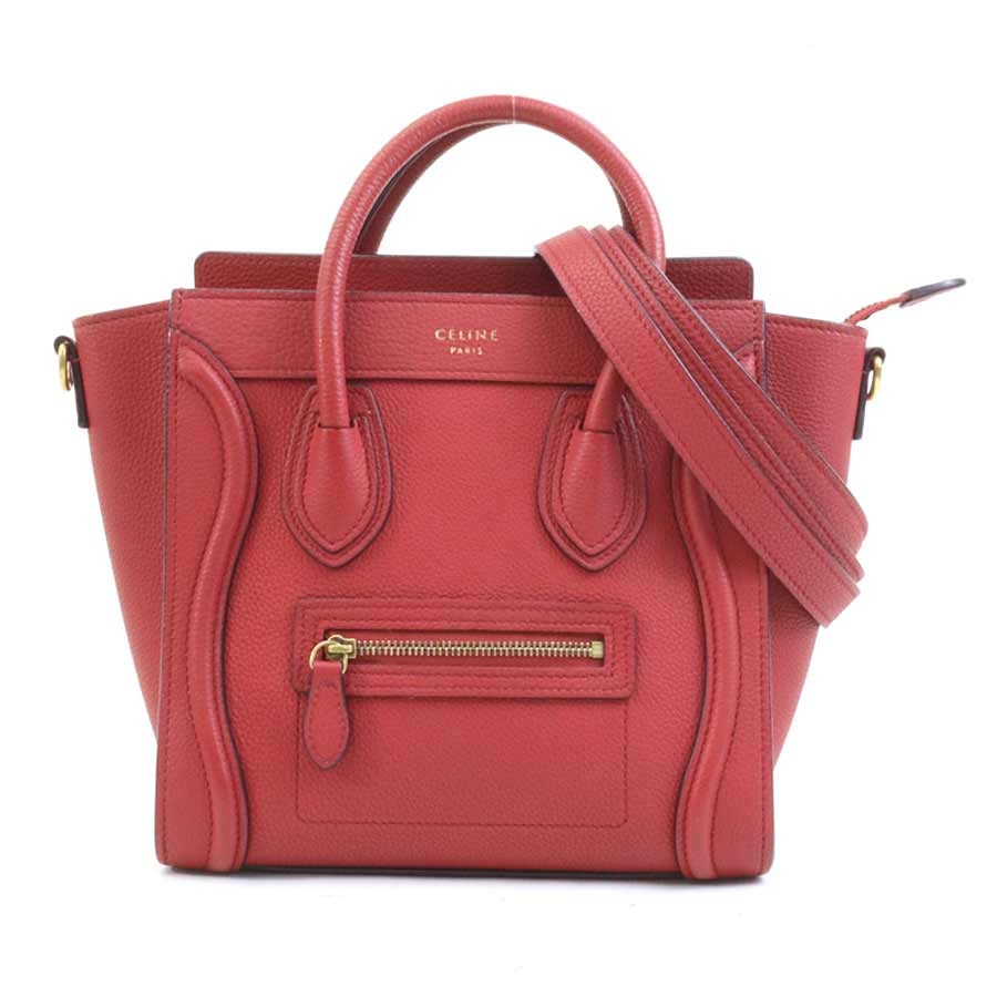 セリーヌ CELINE ハンドバッグ ショルダーバッグ ラゲージ ナノショッパー レザー レッド ゴールド レディース【中古】 e62401k