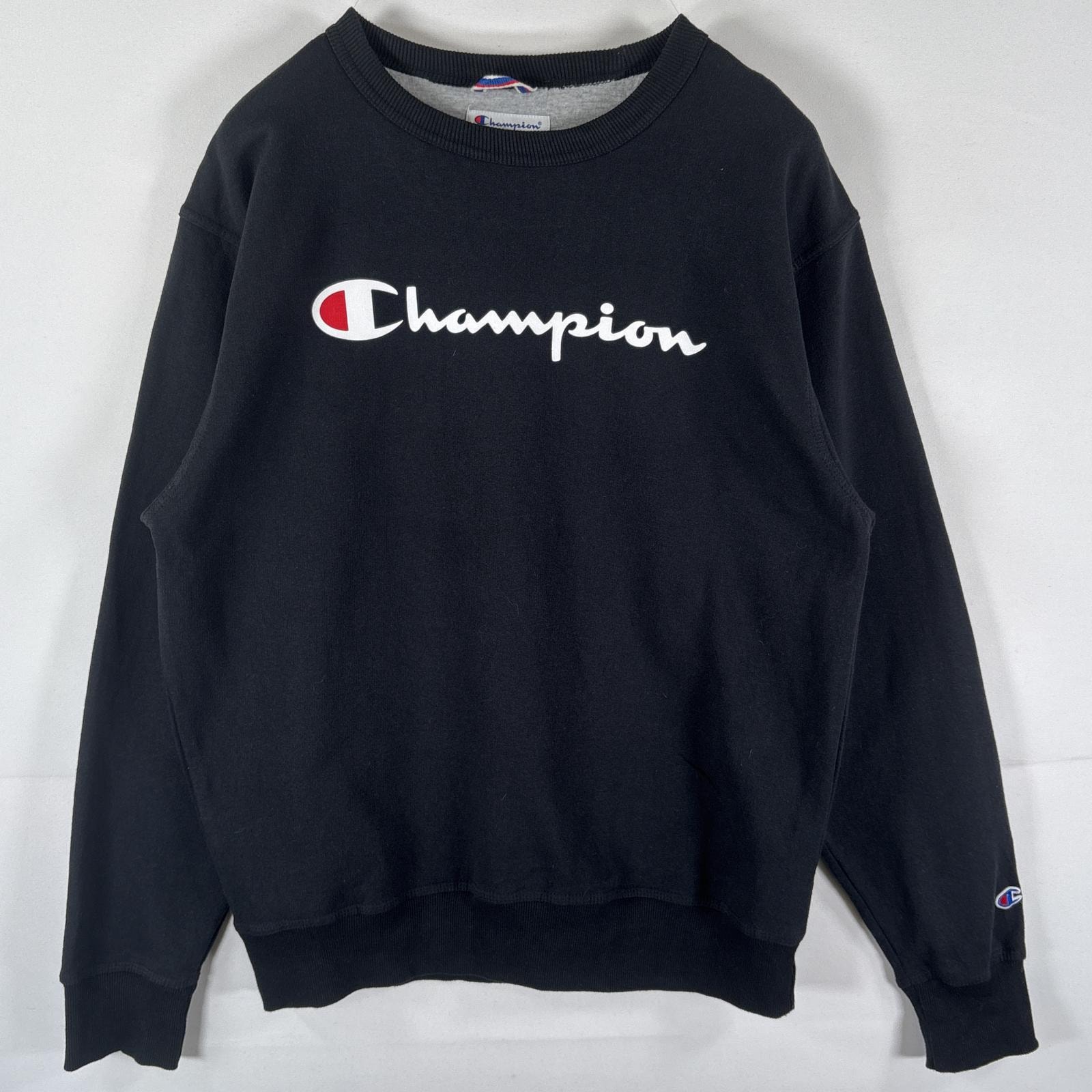 古着 チャンピオン Champion スウェット トレーナー クルーネック ビッグロゴプリント ワッペン M  ブラック メンズ