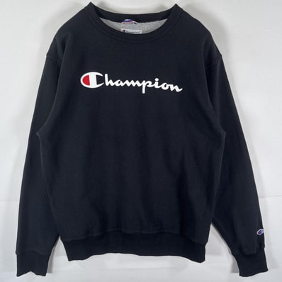 古着 チャンピオン Champion スウェット トレーナー クルーネック ビッグロゴプリント ワッペン M ブラック メンズ