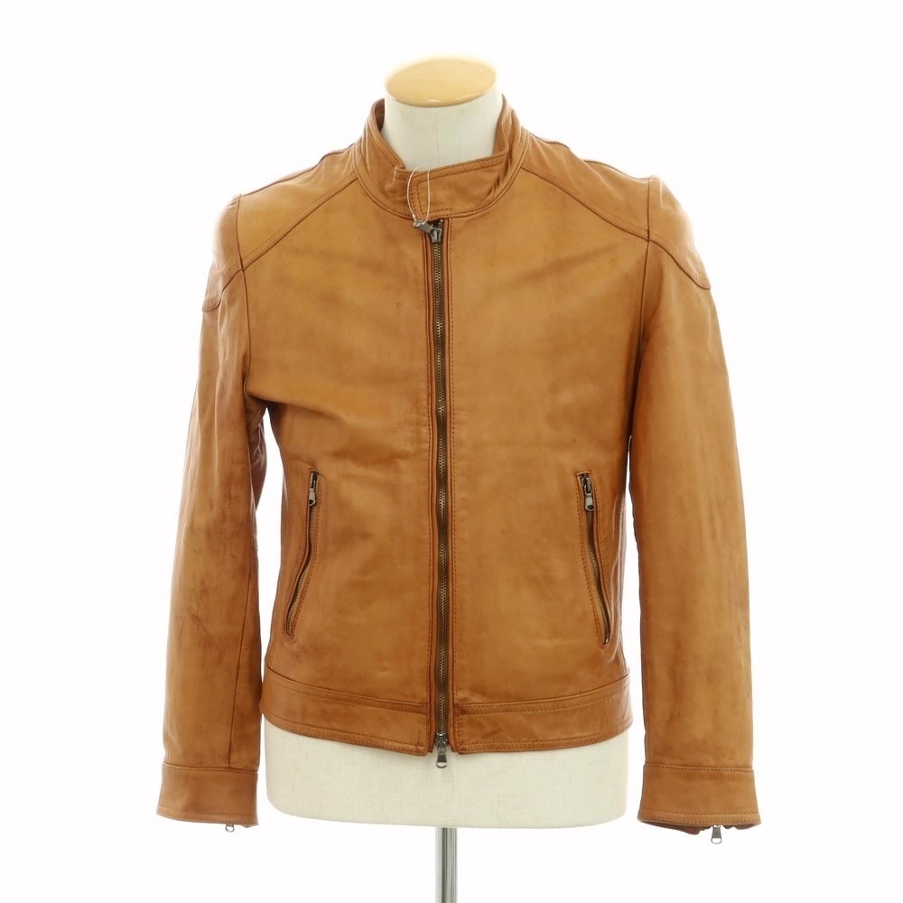 【中古】エンメティ EMMETI ラムスキン シングルライダース レザーブルゾン オレンジブラウン【サイズ44】【メンズ】