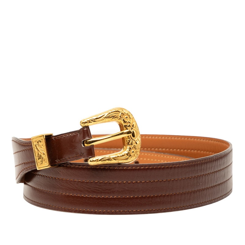 エルメス ヴィンテージ フラワー モチーフ ベルト サイズ:72 ブラウン レザー レディース HERMES 【中古】