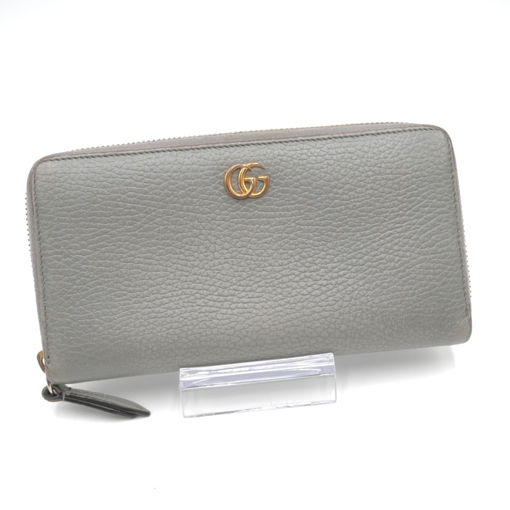 GUCCI(グッチ)GGマーモント ジップアラウンドウォレット ラウンドファスナー長財布 ダブルG グレー レザー ゴールド金具 レディース 456117【中古】