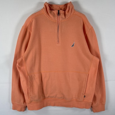 古着 ノーティカ NAUTICA スウェット ハーフジップ トレーナー ワンポイントロゴ刺繍 大きいサイズ プルオーバー XL オレンジ メンズ