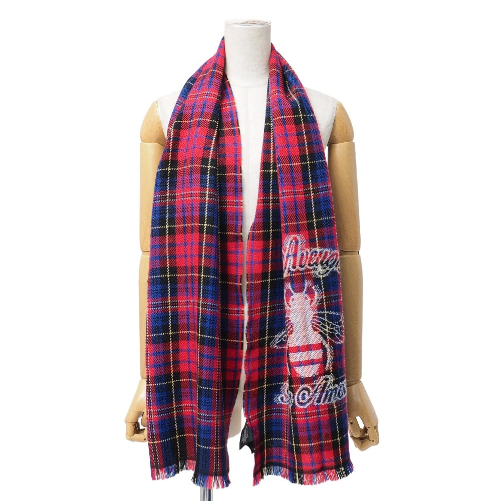 ■美品■GUCCI グッチ L'aveugle Par Amour ストール チェック フリンジ マフラー イタリア製 ブランド古着【中古】20260326/RA8752