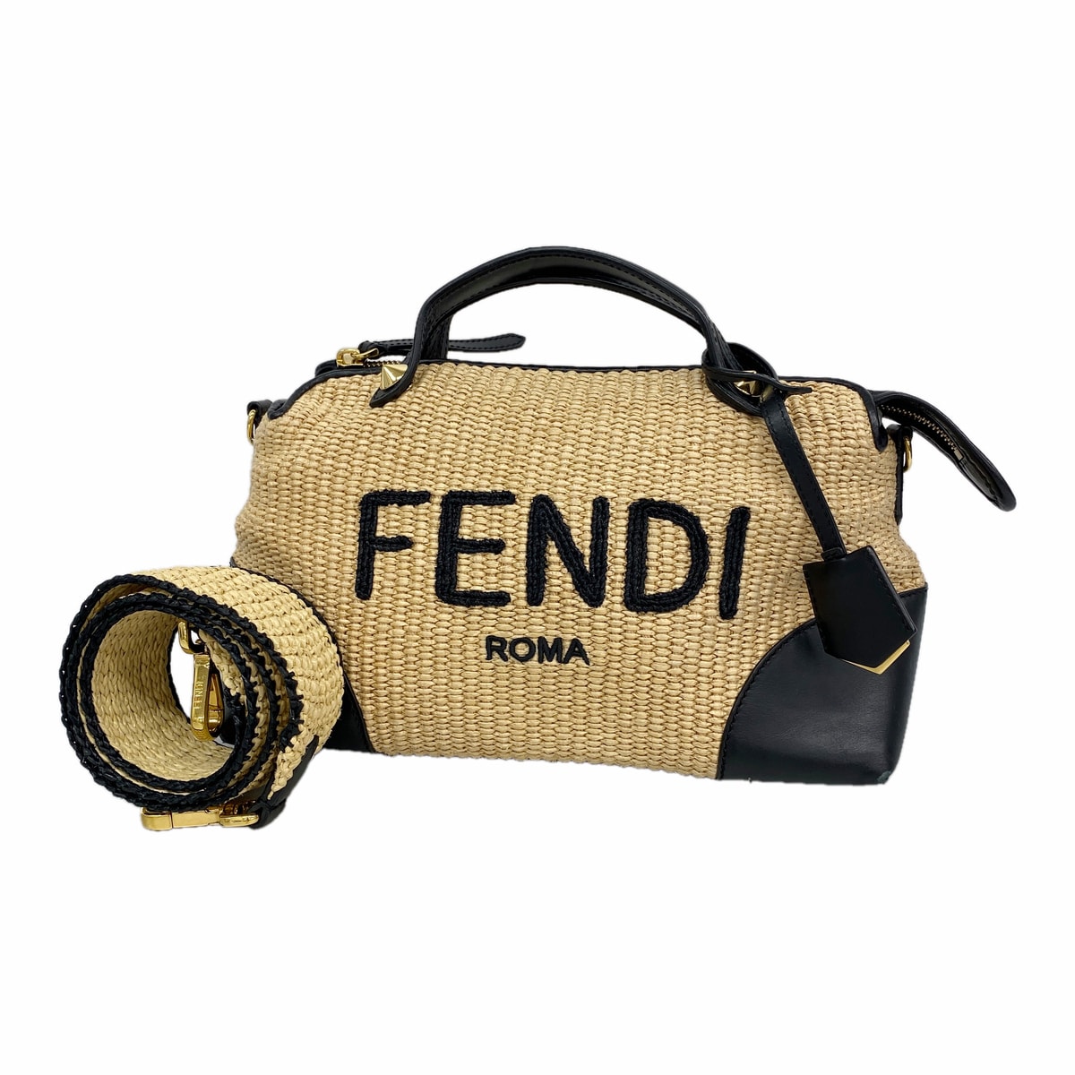 【6ka0194】フェンディ ハンドバッグ バイザウェイ ラフィア ベージュ ブラック ゴールド金具 2wayバッグ【中古】レディース