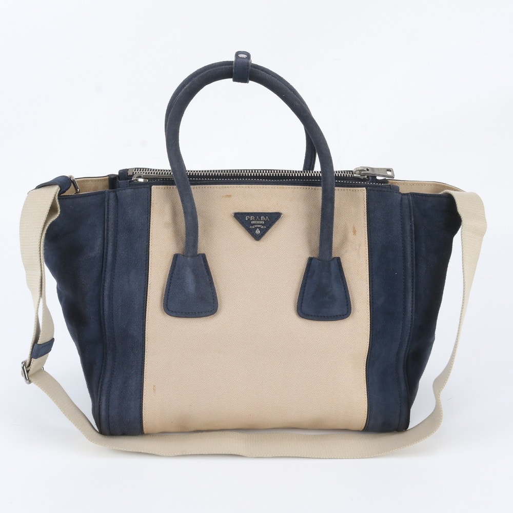 ■美品 プラダ トライアングルロゴトート バッグ レザー×キャンバス