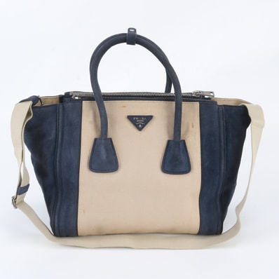 ■美品 プラダ トライアングルロゴトート バッグ レザー×キャンバス