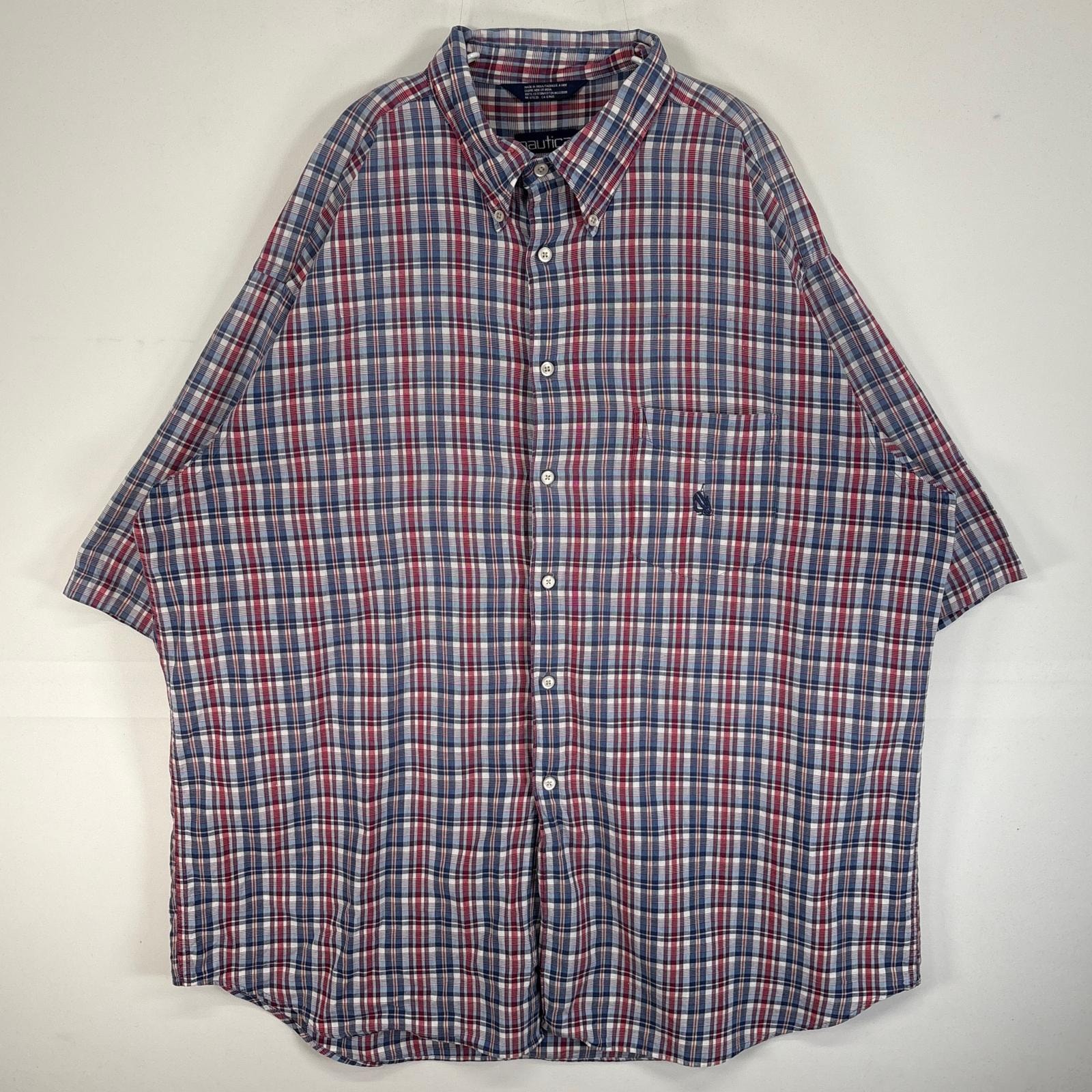 古着 90's/90年代 ノーティカ NAUTICA 半袖シャツ 旧ロゴ 刺繍 大きいサイズ チェック 14041 ブルー系 マルチカラー メンズ