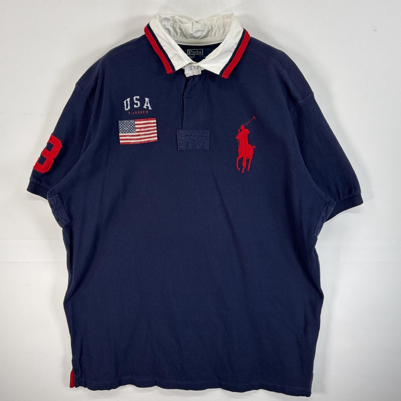 古着 90's/90年代 ポロバイラルフローレン Polo by Ralph Lauren 鹿の子 半袖 ラガーシャツ ビッグポニー ブランドロゴ ラバーボタン XL  ネイビー 無地 メンズ
