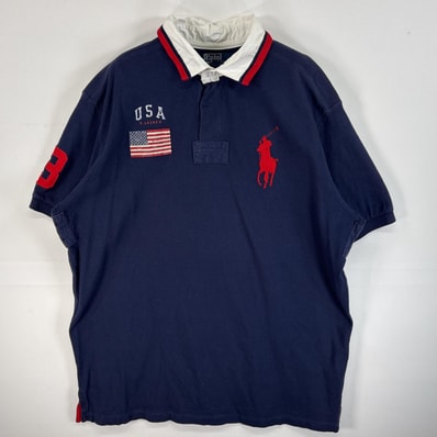 古着 90's/90年代 ポロバイラルフローレン Polo by Ralph Lauren 鹿の子 半袖 ラガーシャツ ビッグポニー ブランドロゴ ラバーボタン XL ネイビー 無地 メンズ