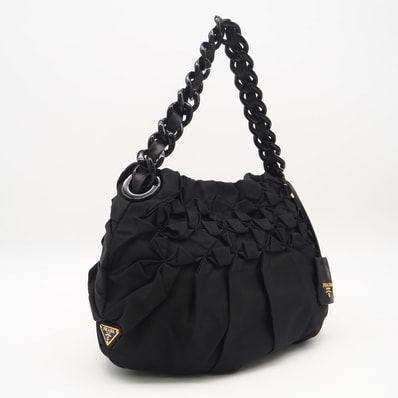 PRADA プラダ ナイロン 三角ロゴ フリル プラチェーン ハンドバッグ - ハンドバッグ ブラック ナイロン レザー プラスチック レディース