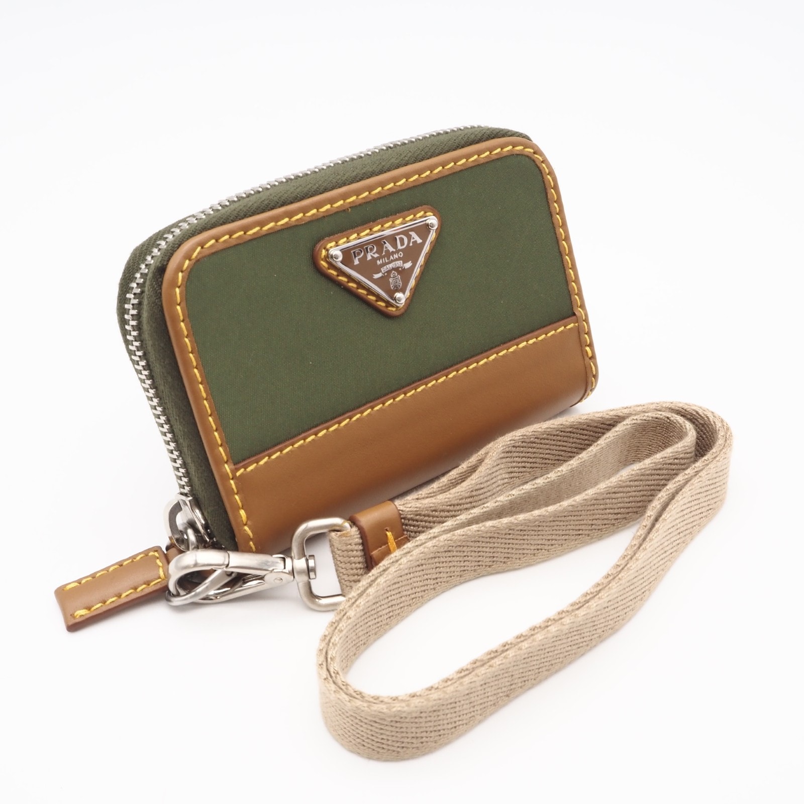 極美品 PRADA プラダ Re-Nylon トライアングルロゴ コインカードホルダー 2MR039 2CX2 コインケース カーキ ブラウン ナイロン レザー メンズ