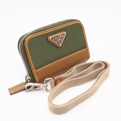 極美品 PRADA プラダ Re-Nylon トライアングルロゴ コインカードホルダー 2MR039 2CX2 コインケース カーキ ブラウン ナイロン レザー メンズ