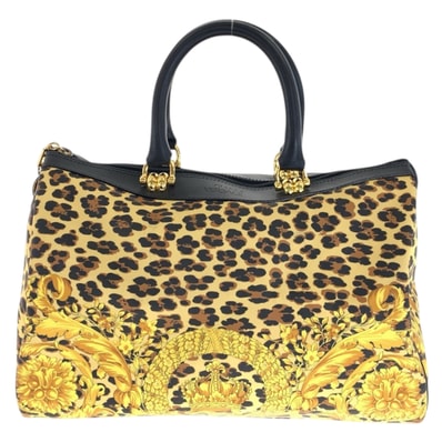美品 VERSACE ヴェルサーチ ヴィンテージ レオパード イエロー ブラック ゴールド金具 PVC レザー/ ハンドバッグ ミニボストンバッグ 600019 【中古】