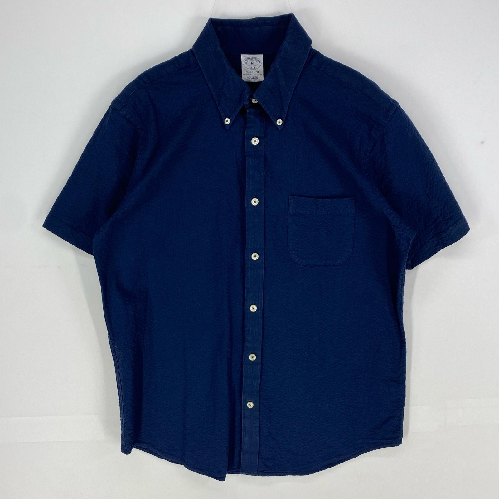 古着 ブルックスブラザーズ Brooks Brothers 半袖シャツ ボタンダウン 1818 胸ポケット M  ネイビー系 無地 メンズ