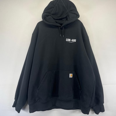 古着 カーハート Carhartt パーカー プルオーバー 企業ロゴ スウェット ワンポイントロゴ フーディ 大きいサイズ 2XL ブラック系 メンズ