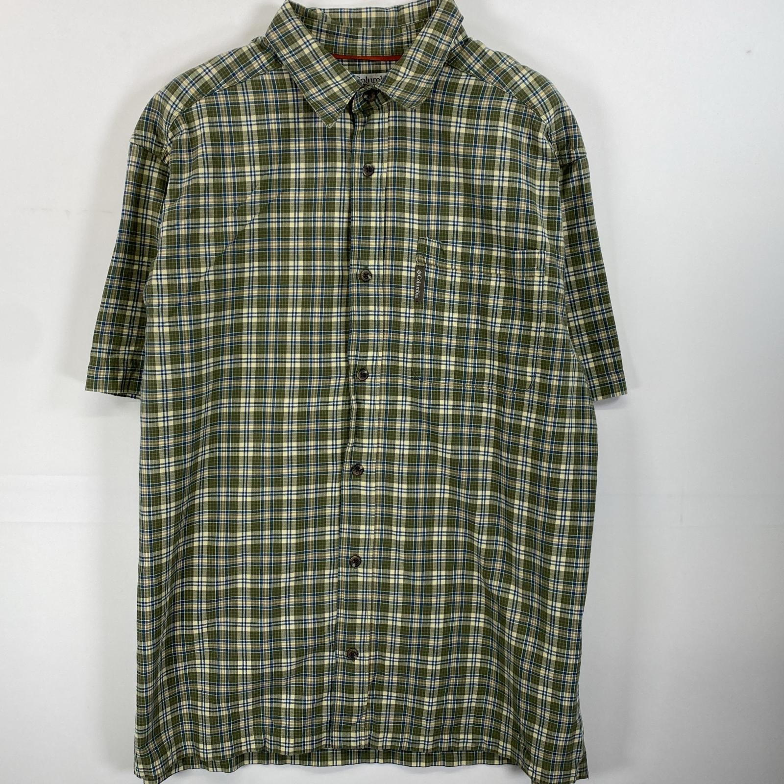 古着 コロンビア Columbia 半袖シャツ 胸ポケット ワンポイントロゴ L グリーン系 チェック メンズ