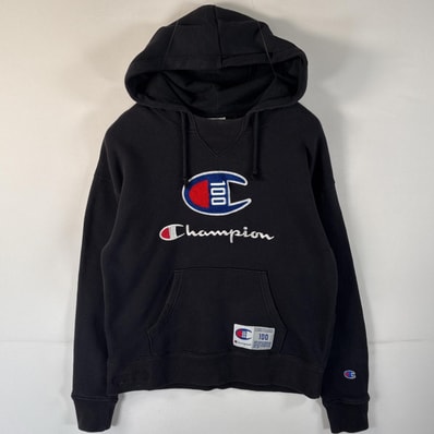 古着 チャンピオン Champion パーカー ビッグロゴ ワッペン 刺繍 100 フーディ マフポケット L ブラック レディース