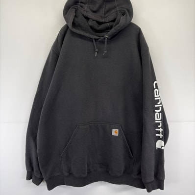 古着 カーハート Carhartt パーカー 袖ロゴ 大きいサイズ ワンポイント プリント スウェット ロゴ 2XL TALL ブラック メンズ