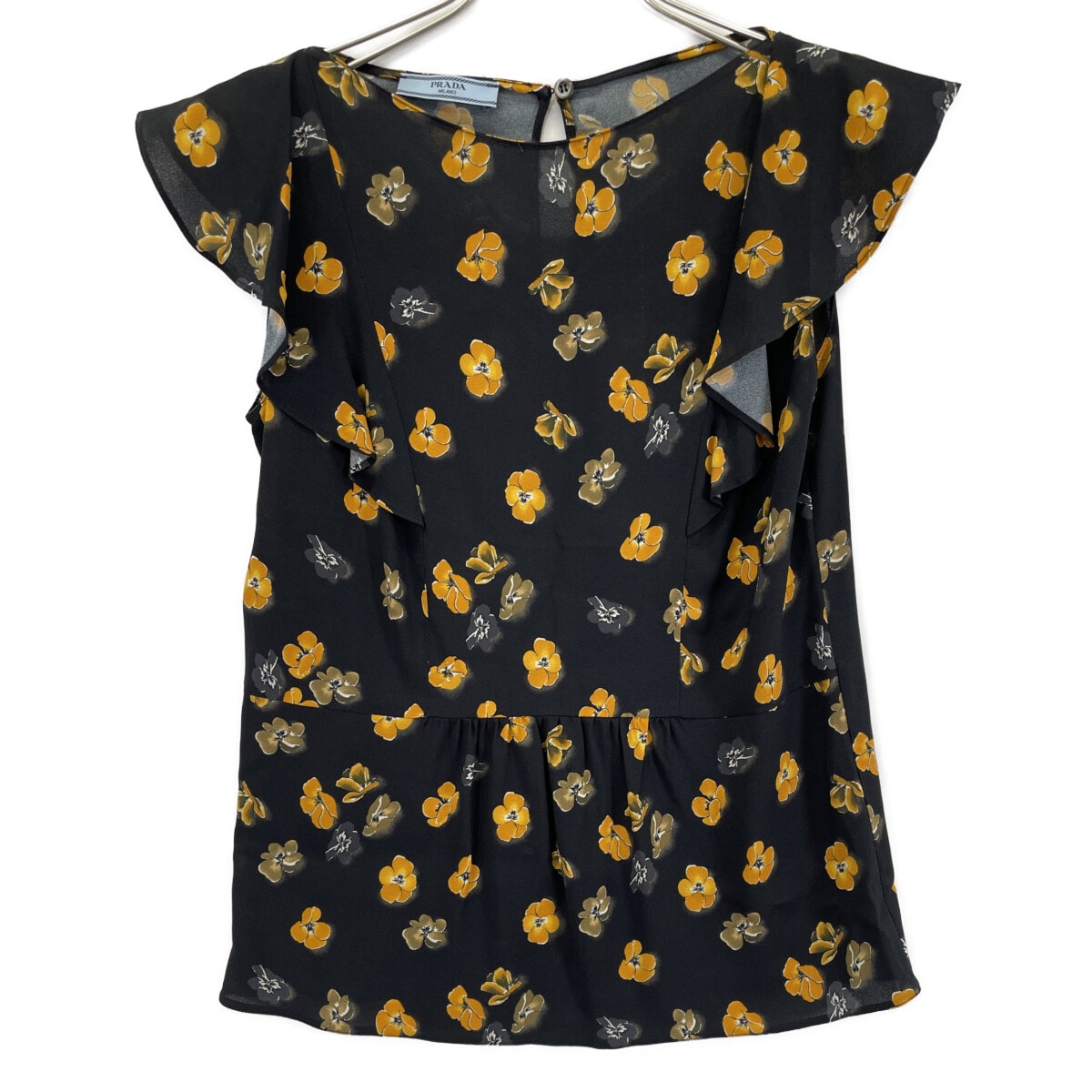 プラダ P996B 17年製 ブラック フラワープリントフリルノースリーブブラウス 38