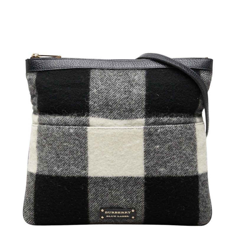 バーバリー ブロックチェック 斜め掛け ショルダーバッグ ブラック ホワイト ウール レザー レディース BURBERRY 中古