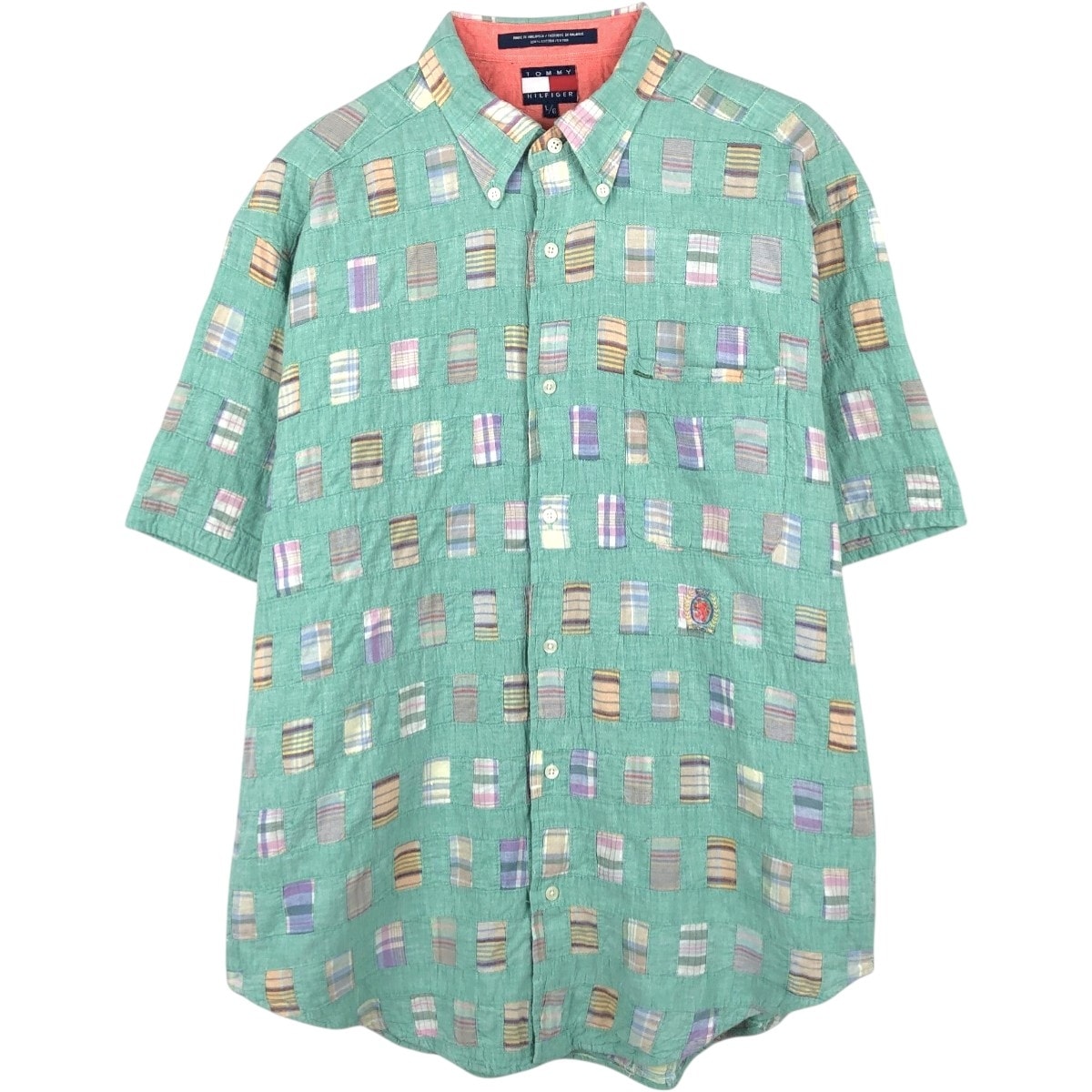 古着 トミーヒルフィガー TOMMY HILFIGER 総柄 パッチワーク 半袖 ボタンダウン チェックシャツ メンズL相当/eaa660582