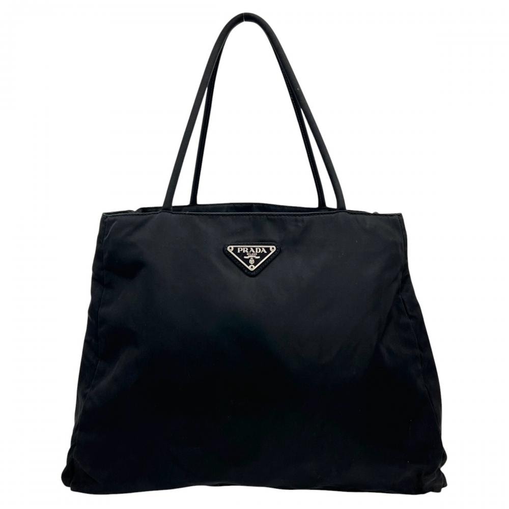PRADA プラダ トートバッグ 三角ロゴプレート 肩掛け ナイロン ブラック 黒 シルバー金具 レディース【中古品】