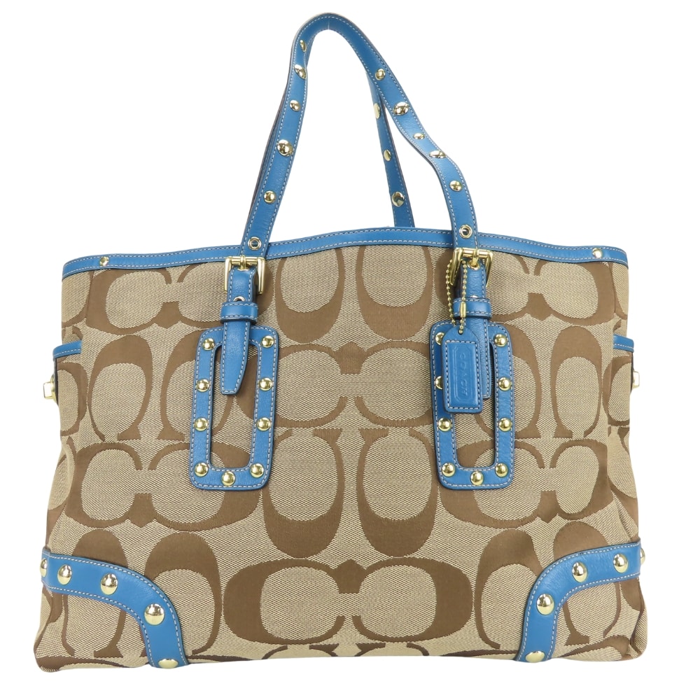 【中古】 コーチ トートバッグ シグネチャー 1488 キャンバス レザー ブルー ブラウン スタッズ レディース 女性 COACH