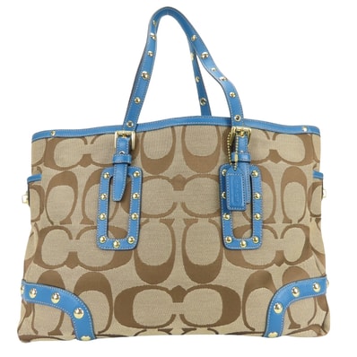 【中古】 コーチ トートバッグ シグネチャー 1488 キャンバス レザー ブルー ブラウン スタッズ レディース 女性 COACH