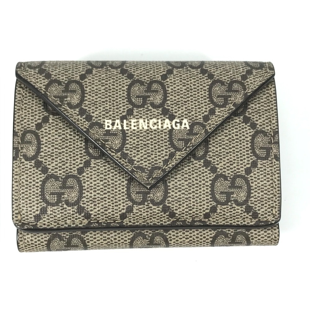 グッチ GUCCI ペーパー ミニ ウォレット 681704 BALENCIAGA バレンシアガ コラボ ザ ハッカー プロジェクト 3つ折り財布 GGスプリームキャンバス ベージュ 美品