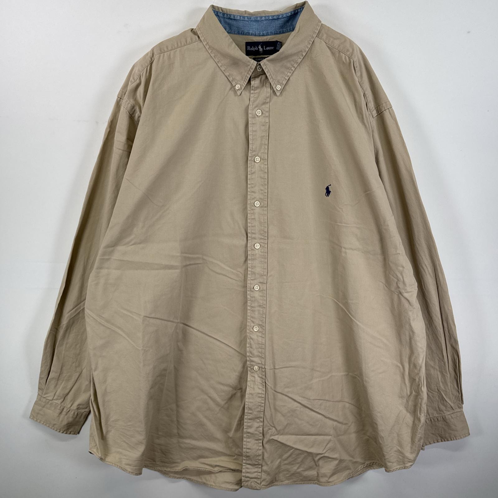 古着 ラルフローレン RALPH LAUREN 長袖シャツ ボタンダウンシャツ 大きいサイズ ビッグサイズ ワンポイント 4XLT  ベージュ 無地 メンズ