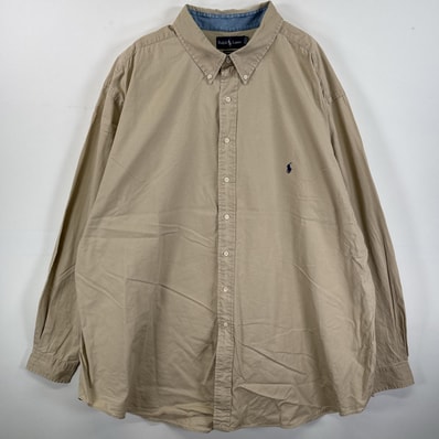古着 ラルフローレン RALPH LAUREN 長袖シャツ ボタンダウンシャツ 大きいサイズ ビッグサイズ ワンポイント 4XLT ベージュ 無地 メンズ
