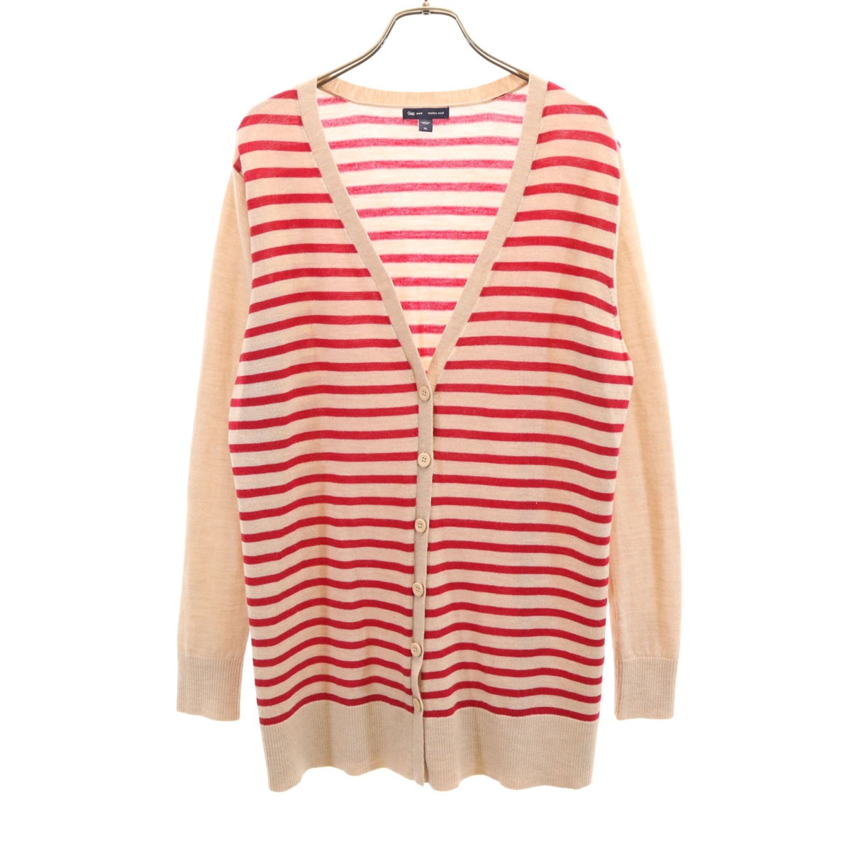 GAP ギャップ ボーダー柄 長袖 Vネック ニットカーディガン XL ベージュ