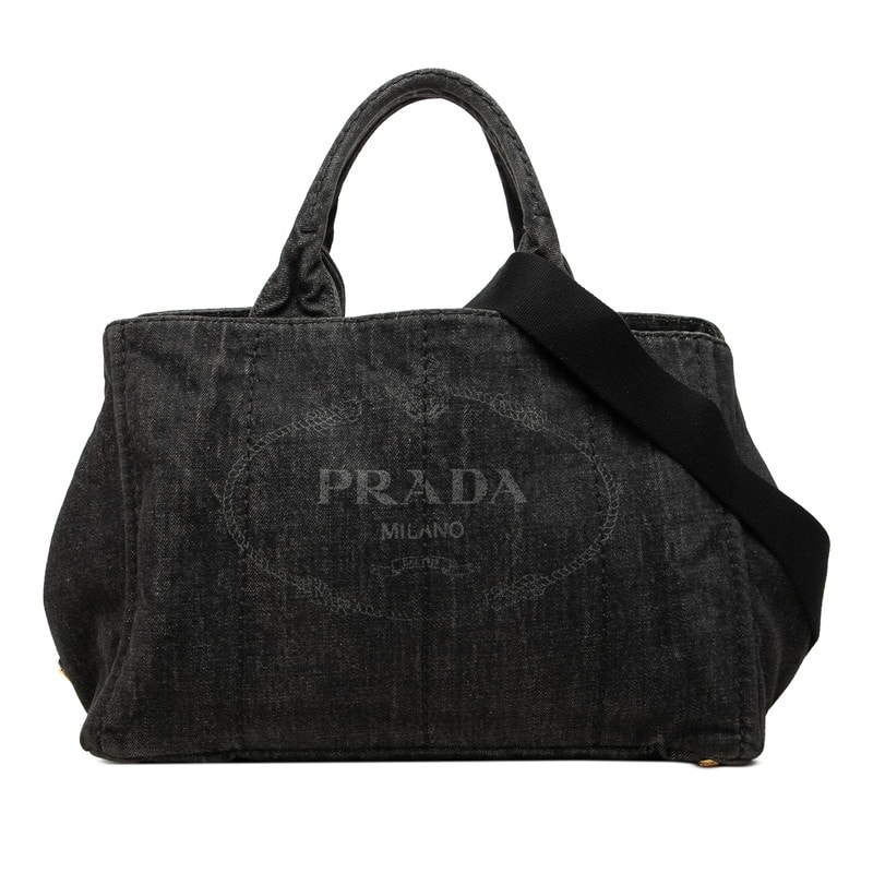 プラダ 三角ロゴプレート カナパ トートバッグ ショルダーバッグ 2WAY B2642B ブラック ネロ デニム レディース PRADA 中古