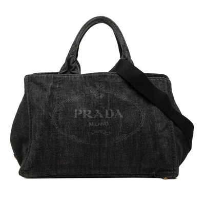 プラダ 三角ロゴプレート カナパ トートバッグ ショルダーバッグ 2WAY B2642B ブラック ネロ デニム レディース PRADA 中古