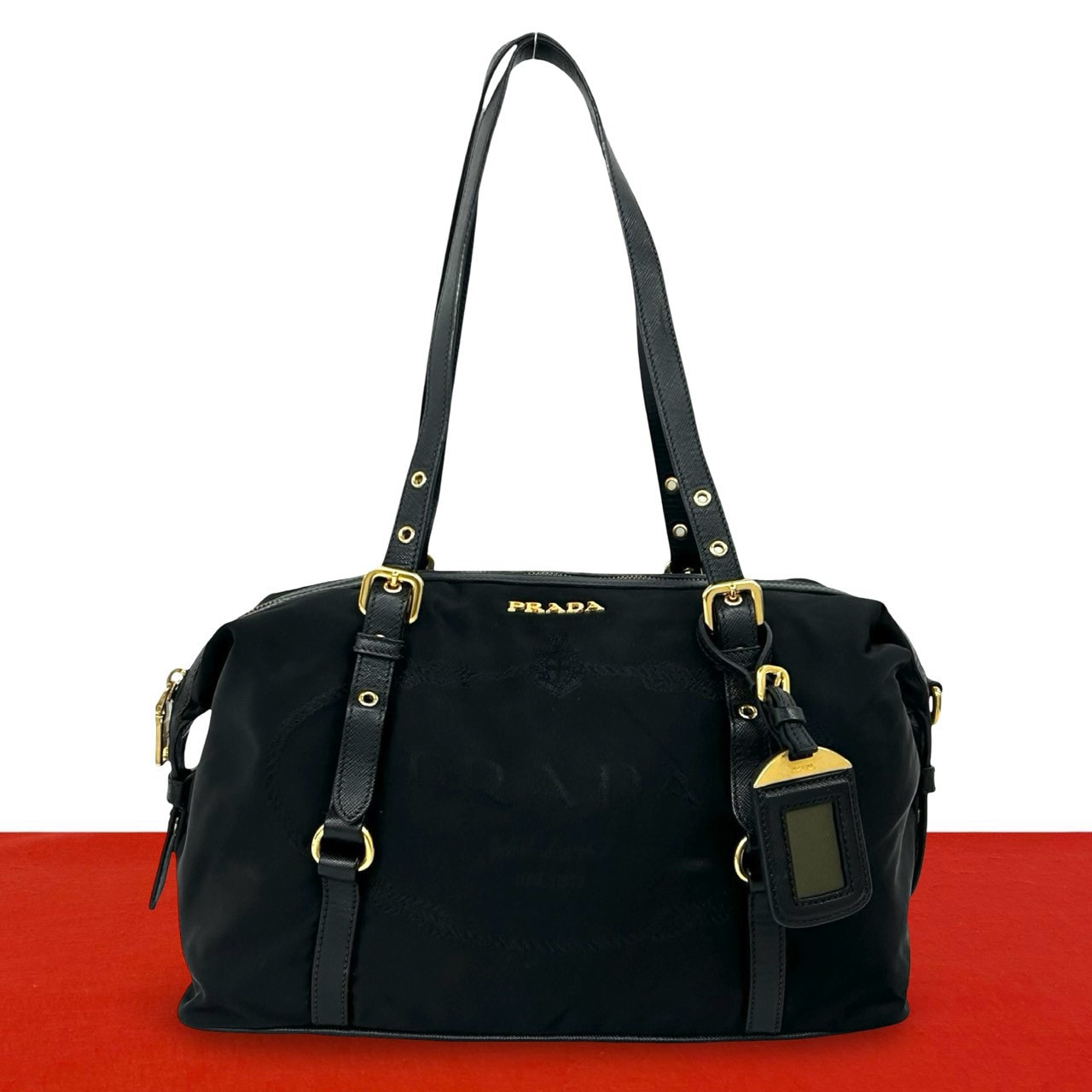 PRADA プラダ ロゴ 金具 ナイロン レザー トートバッグ ブラック
 11676