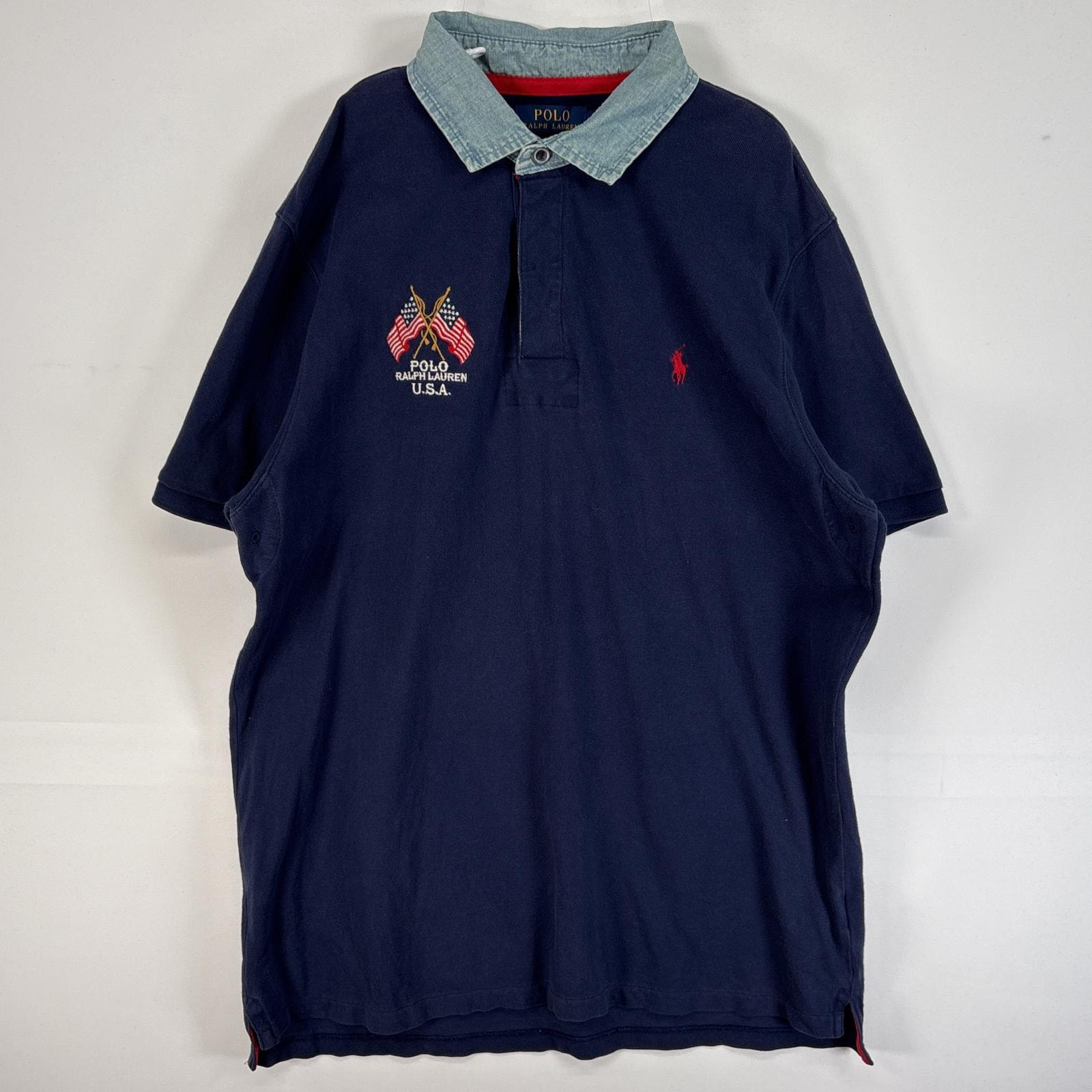 古着 ポロ・ラルフローレン POLO RALPH LAUREN 鹿の子 半袖 ポロシャツ ロゴ 刺繍 デザイン 襟切替 大きいサイズ 肉厚 XL  ネイビー ツートン メンズ