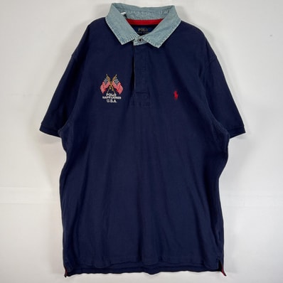 古着 ポロ・ラルフローレン POLO RALPH LAUREN 鹿の子 半袖 ポロシャツ ロゴ 刺繍 デザイン 襟切替 大きいサイズ 肉厚 XL ネイビー ツートン メンズ