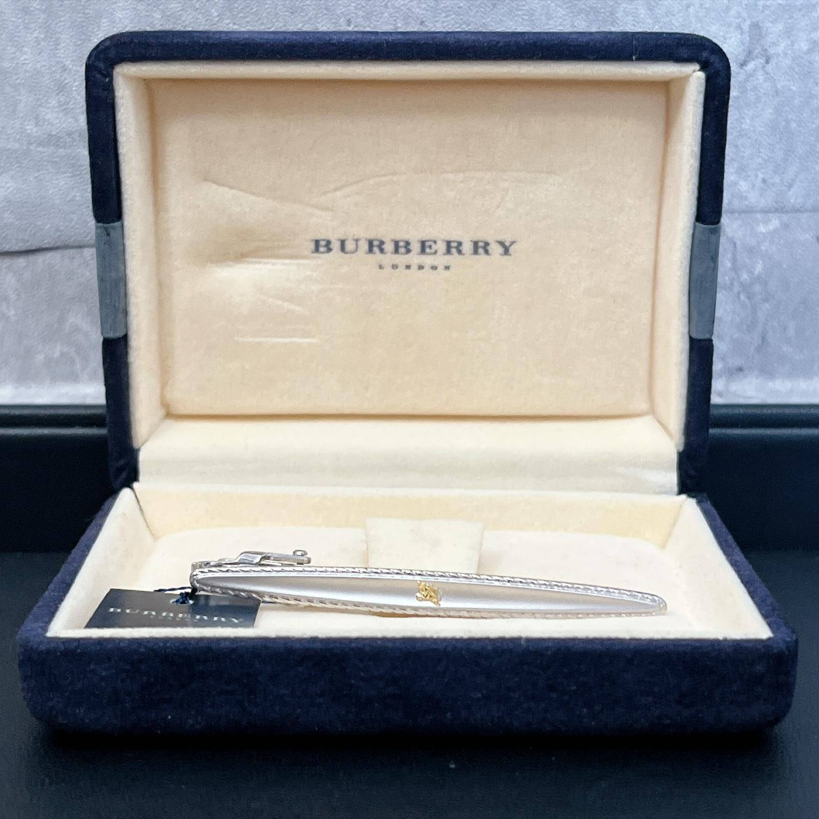 【BURBERRY】バーバリー タイピン ケース・タグ付き エクエストリアンナイト ホースロゴ ロープ縁取り バー型 シルバー ゴールド メンズ