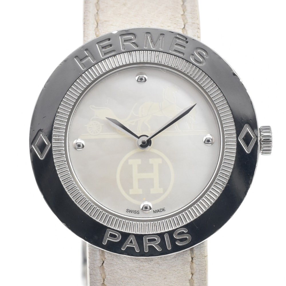 エルメス HERMES PP1.410 パスパス ホワイトシェル クォーツ レディース 良品 腕時計 E#147211