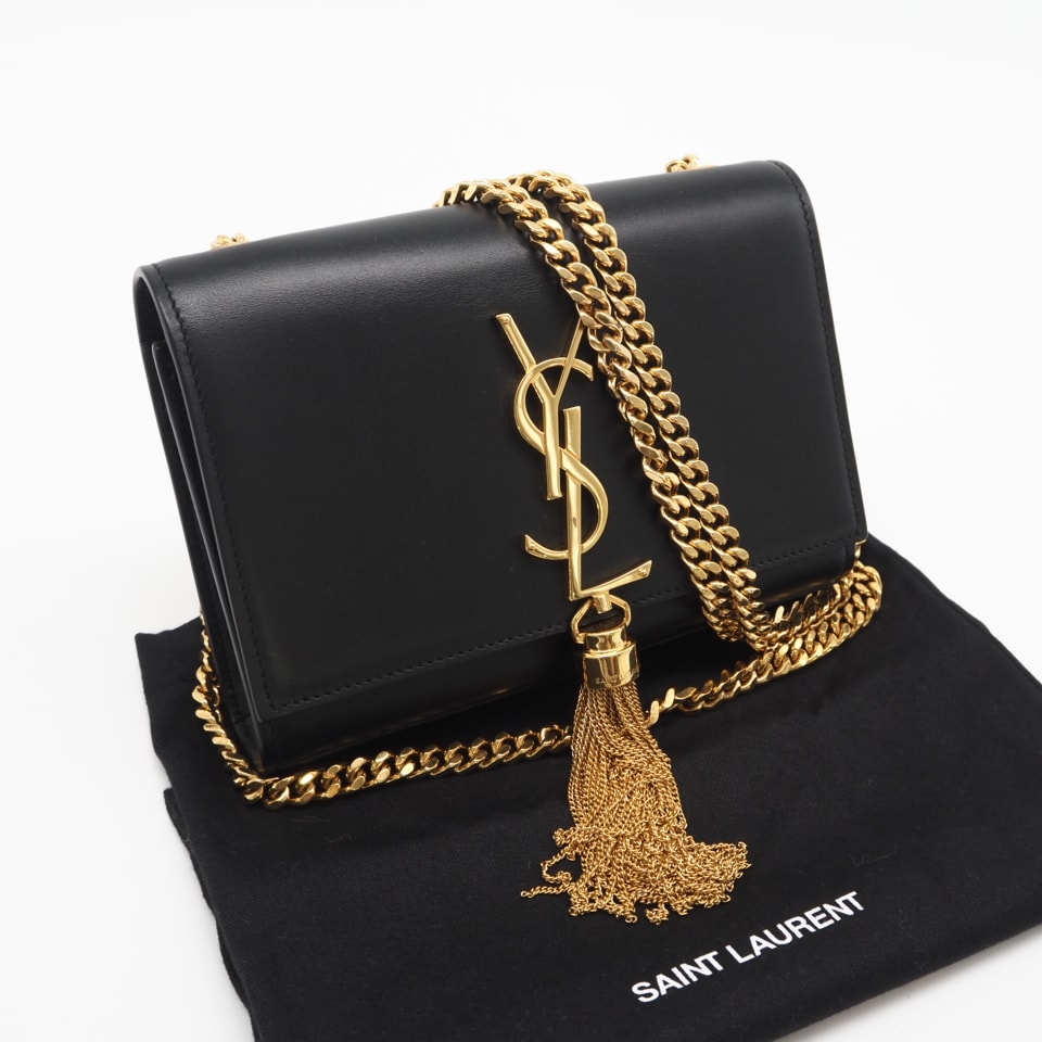 美品 SAINT LAURENT サンローラン サンローランパリ チェーンショルダーバッグ ケイト 354120 ショルダーバッグ ブラック ゴールド カーフレザー レディース