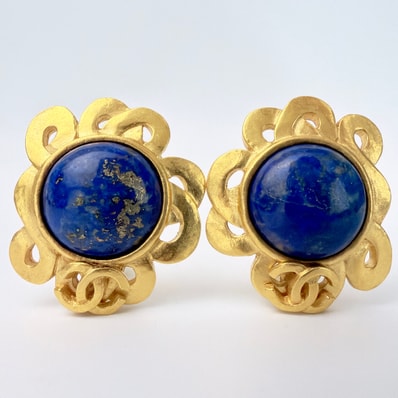 【極美品】CHANEL シャネル ココマーク ラピスラズリ イヤリング 天然石 ゴールド ブルー ヴィンテージ プレオウンド 97P