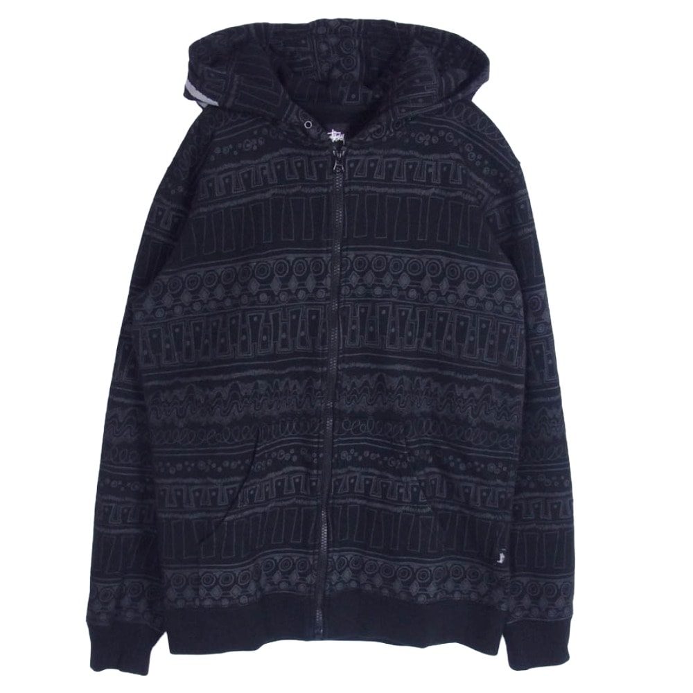 STUSSY ステューシー パーカー ストックロゴ 総柄トムトム柄 ジップ アップ フーディー パーカー ブラック系 M【中古】
