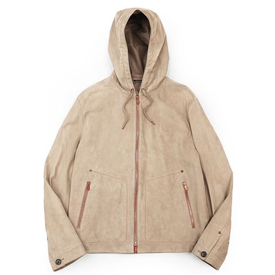 【希少/極美品】HERMES エルメス ブルゾン トナカイ革 ヌバックレザー サイズ 50 メンズ H ロゴ ボタン ジップアップ フーディー ジャケット アウター タグ付属 サンドベージュ オレンジ 橙色 フランス製