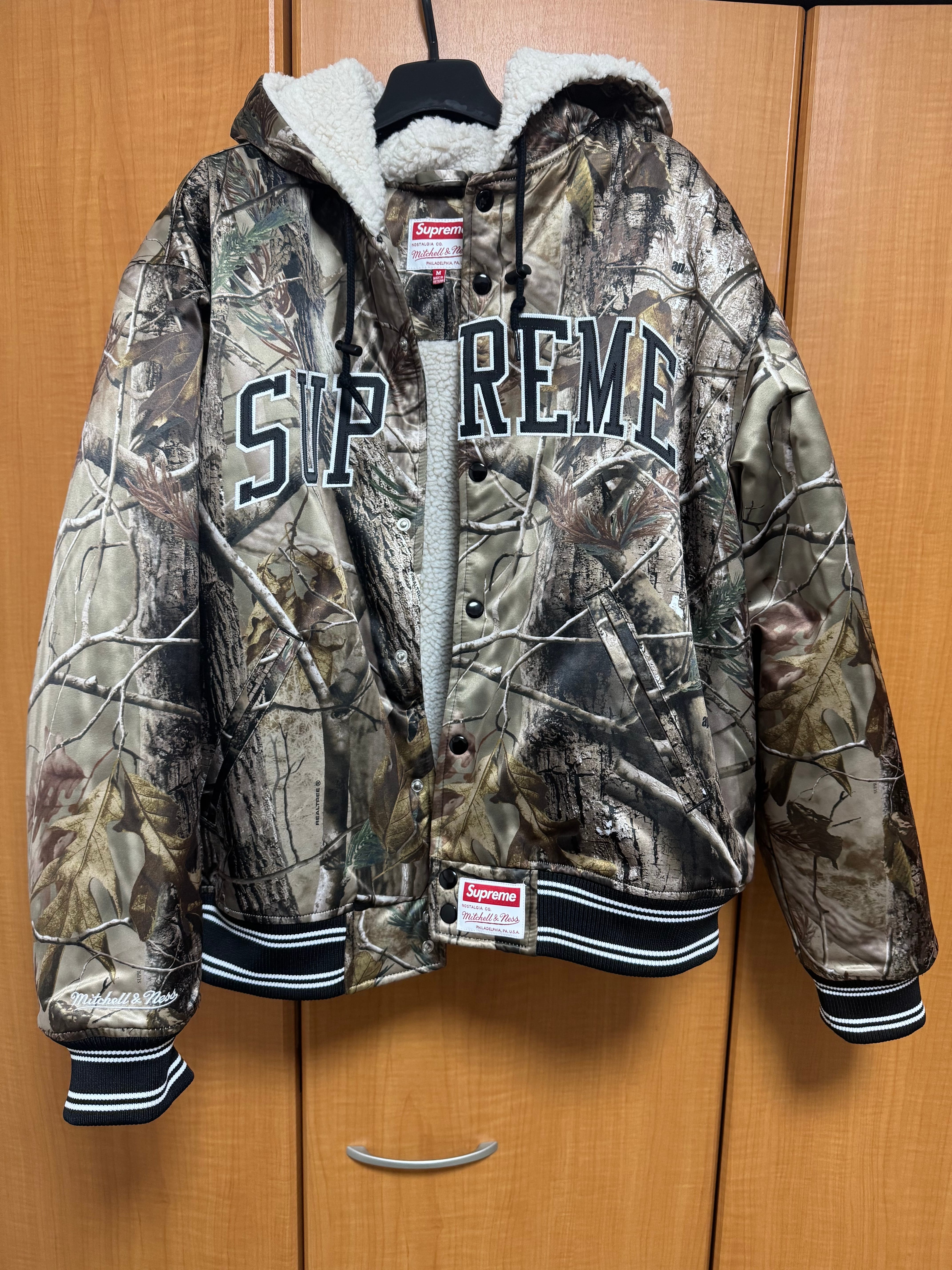 Supreme x Mitchell & Ness Lined Hooded Satin Varsity Jacket 