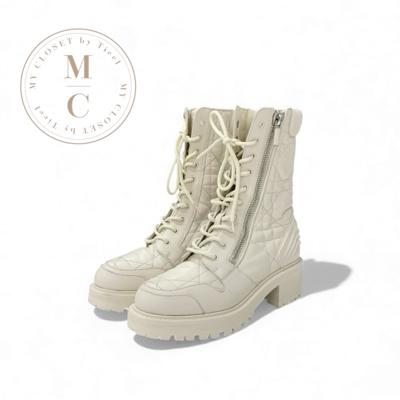 クリスチャンディオール CHRISTIAN DIOR D-LEADER ブーツ ショートブーツ 靴 シューズ ラムスキン アイボリー 白 ロゴ カナージュ キルティング ミドルブーツ ファスナー レースアップ