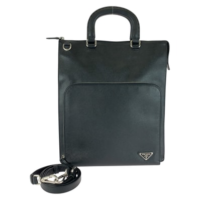 美品 PRADA プラダ サフィアーノ 三角ロゴプレート ブラック 黒 シルバー金具 レザー トートバッグ ビジネスバッグ ブリーフケース 505274 【中古】